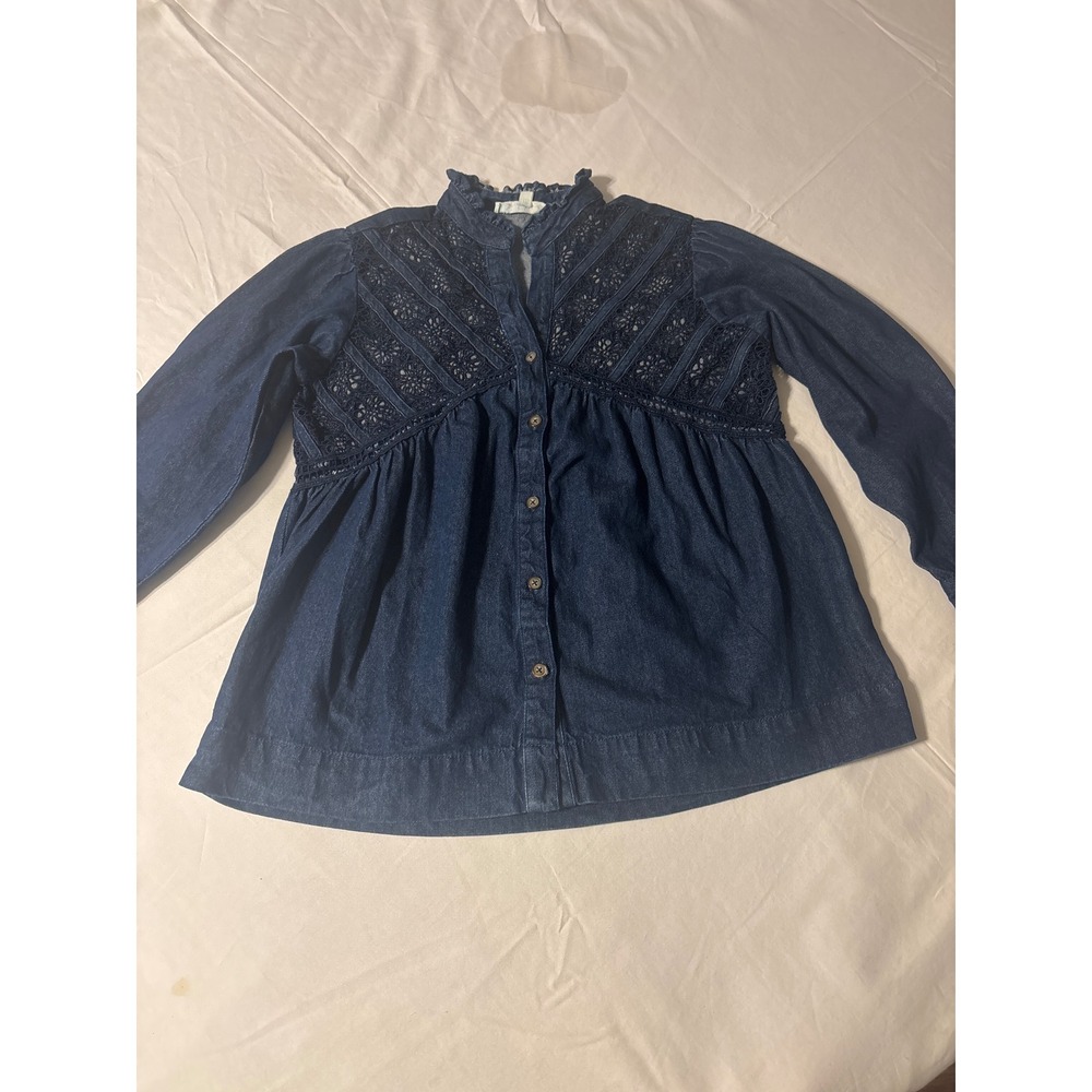 Solitaire Denim Blouse Womens Small Blue Lace Crochet Babydoll DK-684